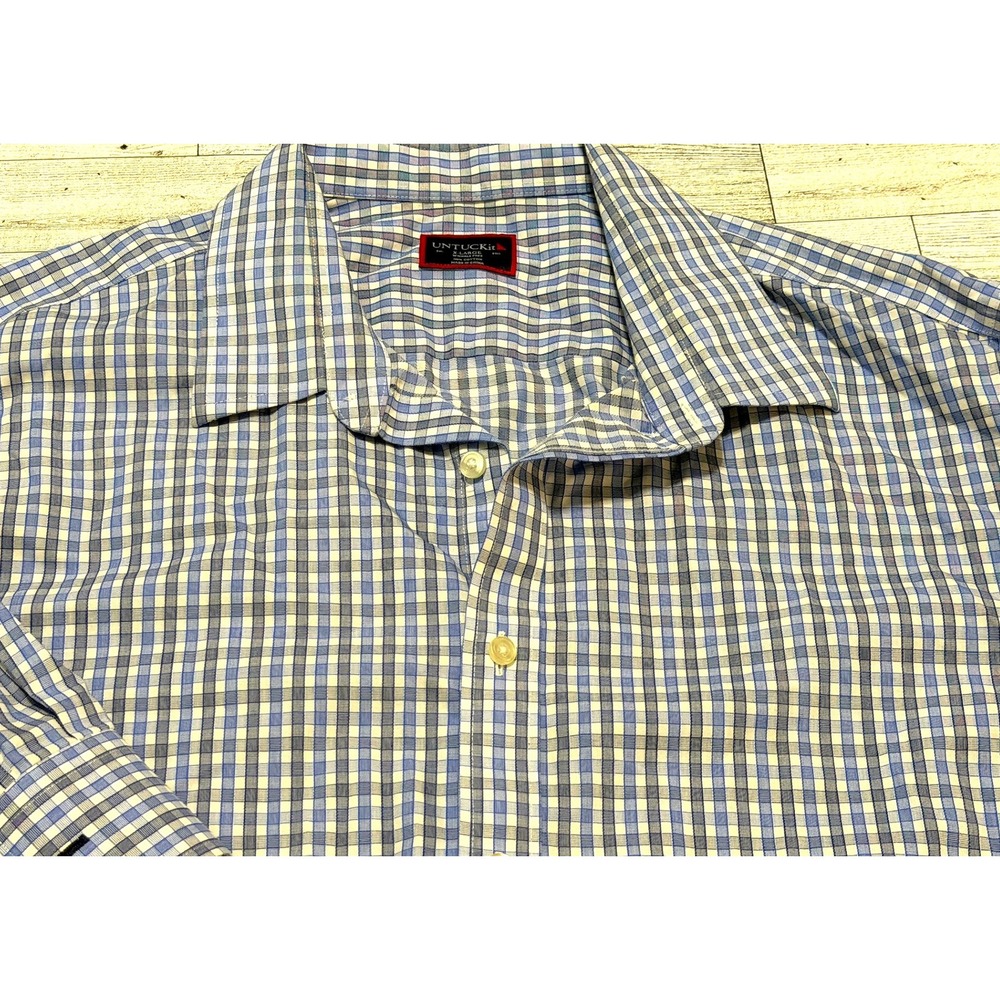 UNTUCKit Mens XL Blue White Gingham Wrinkle Free Cotton Button Down Shirt